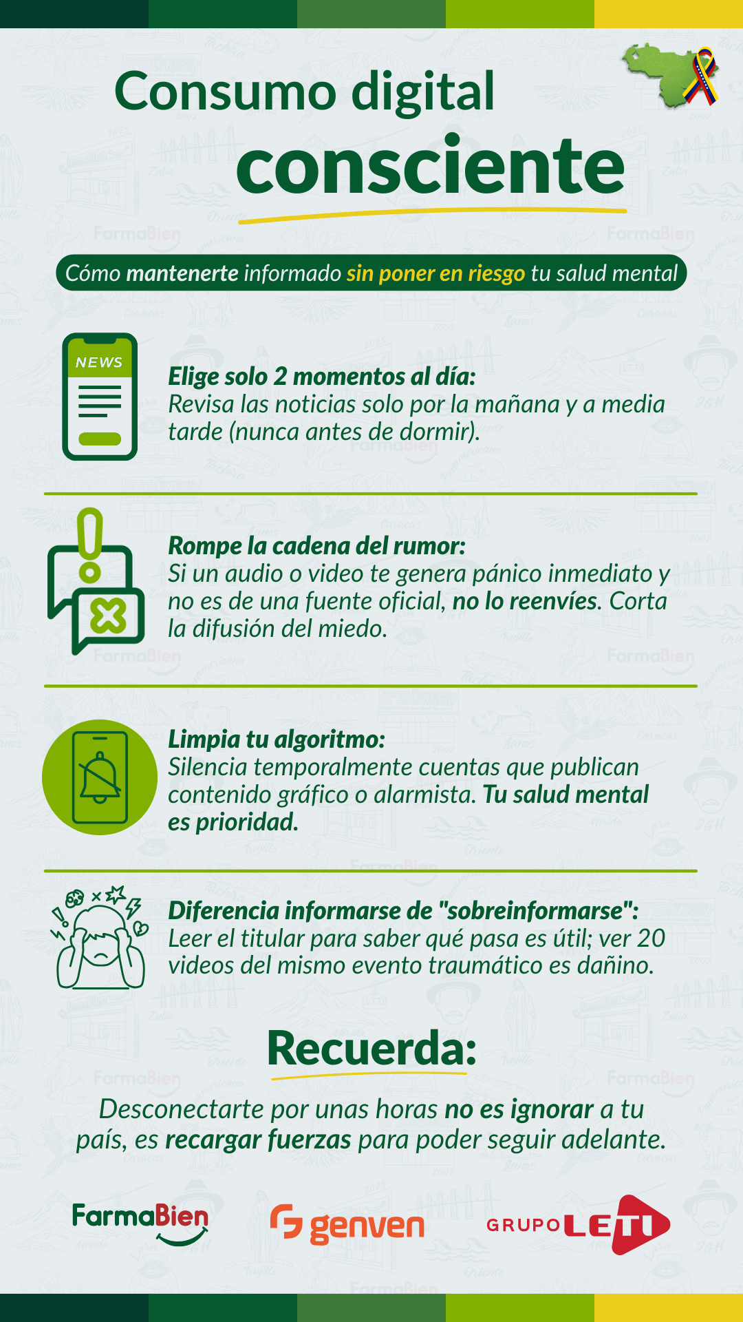 Esta imagen ofrece consejos para cuidar tu Bienestar. Si te sientes muy agobiado o has sufrido de choques emocionales consulta un especialista.